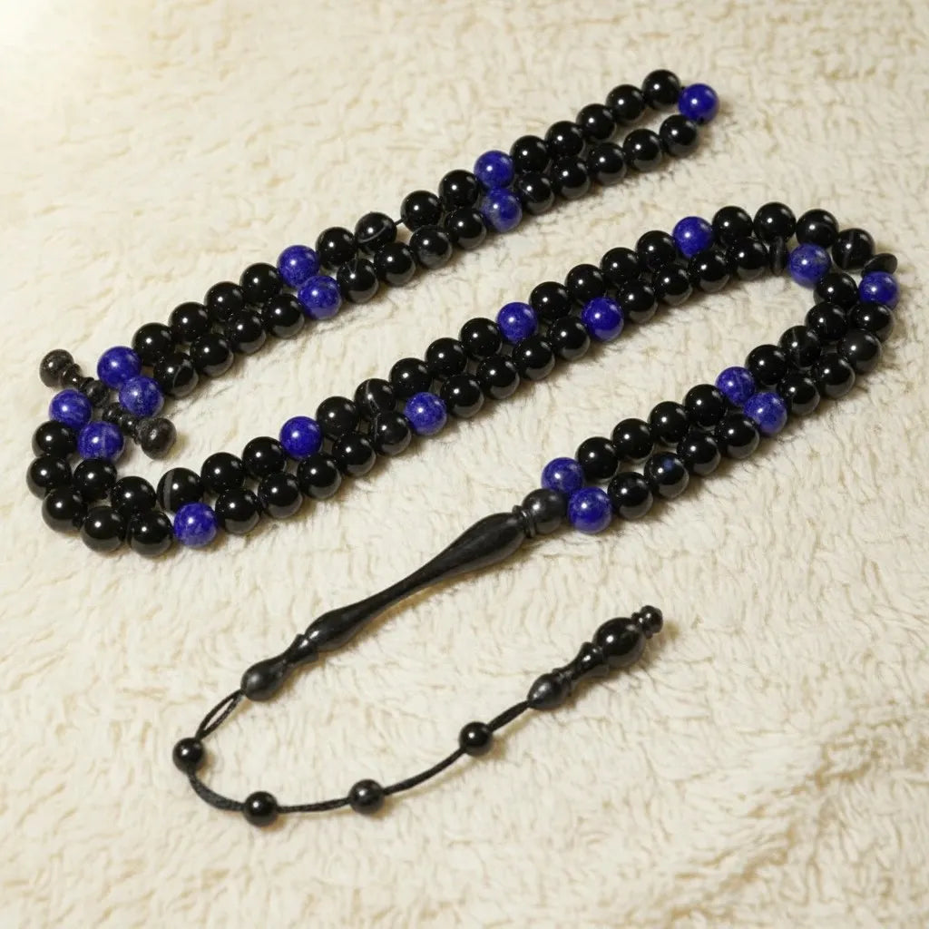 The InterMix Lapis Lazuli With Black Aqeeq Misbaha | Tasbih – 100 Beads 8MM
     